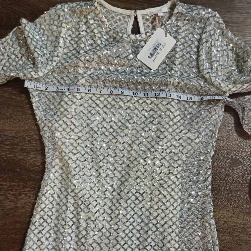 Gianni Bini Silver Sequin Mesh Lattice Long Sleeve Midi Dress Size L NWT - Picture 7 of 12